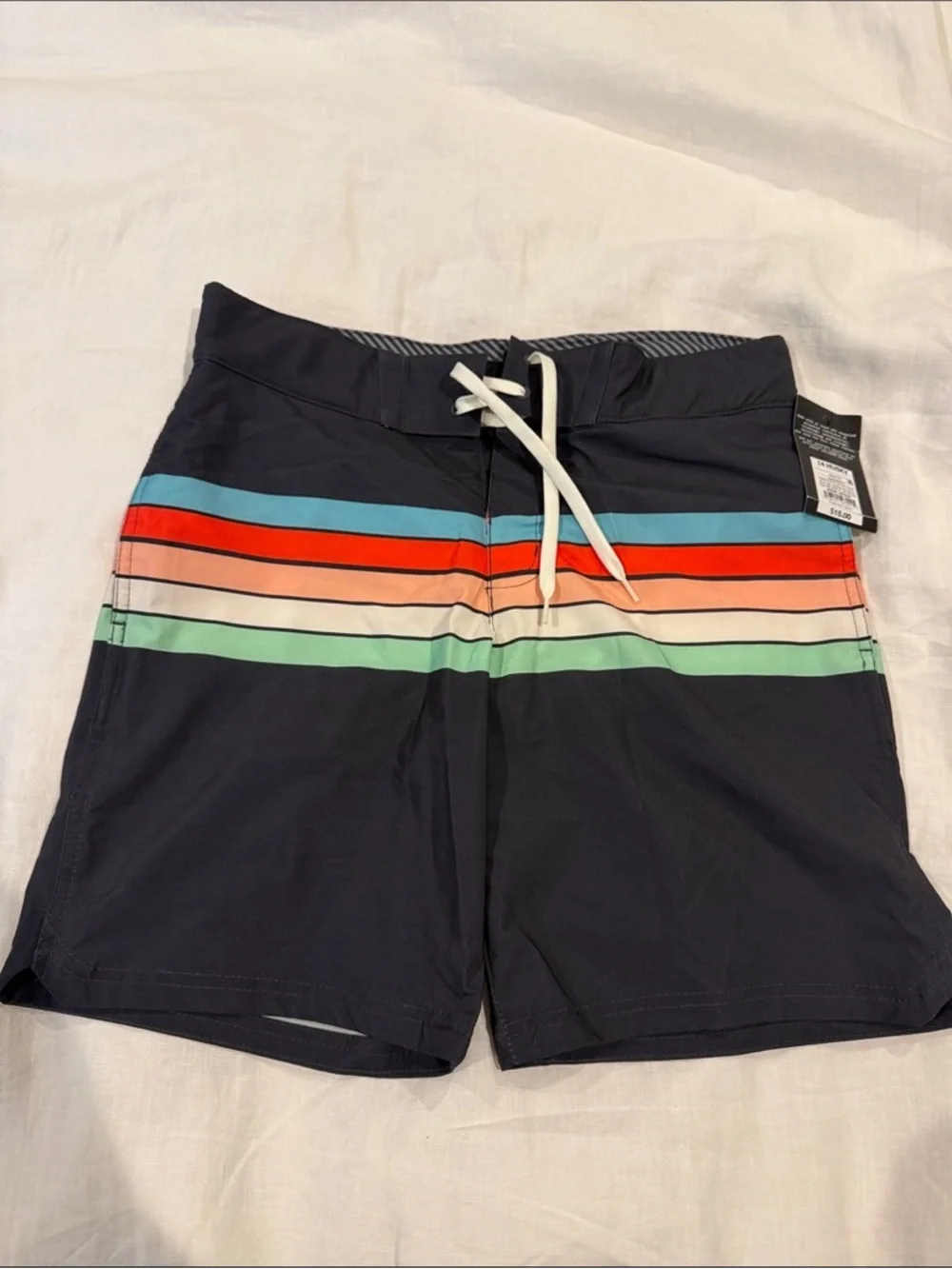 Men's Navy Swim Trunks with Multicolor Stripes